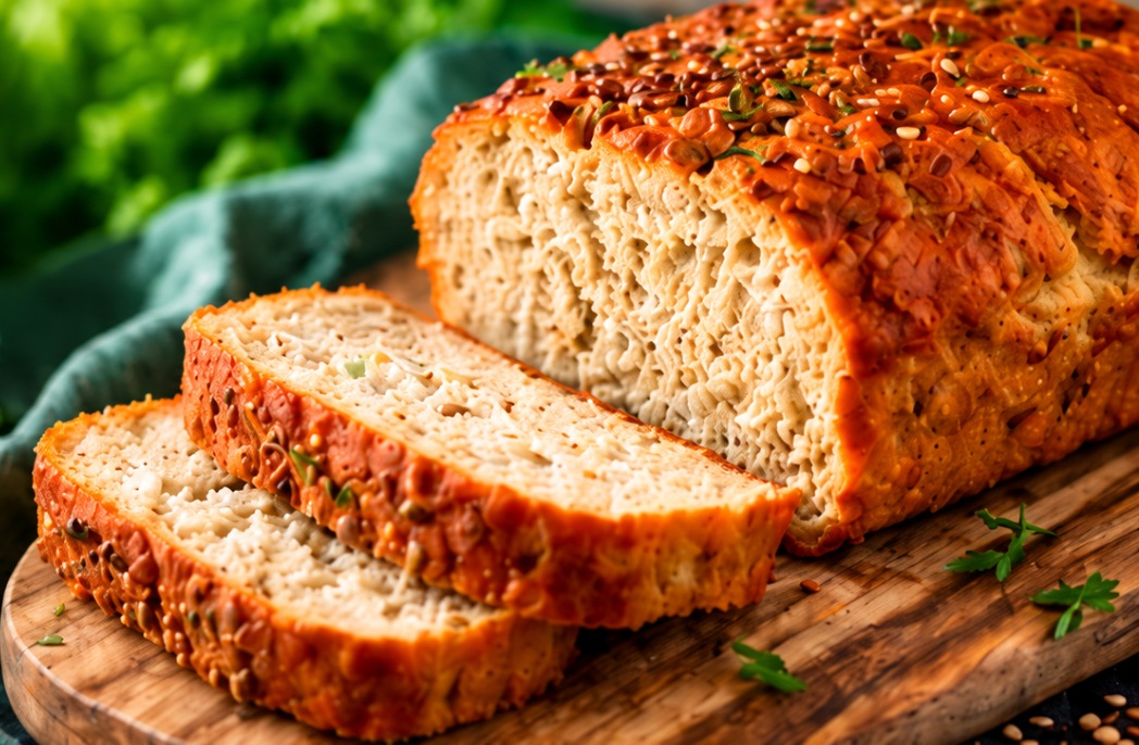 Golden seeded bread loaf with thick slices on a wooden board.